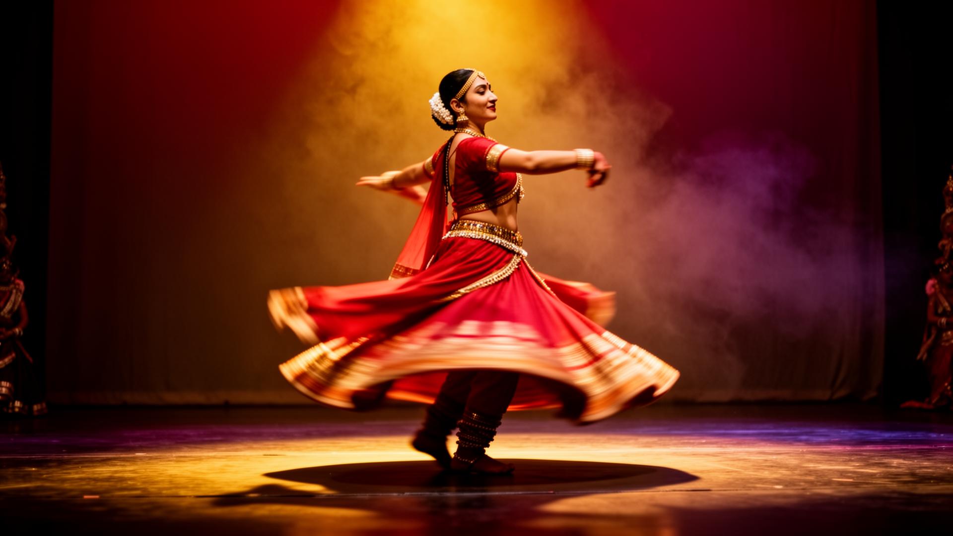 Kathak dancer mid-spin on a warmly lit stage